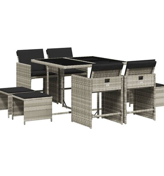 9-tlg. Garten-Essgruppe mit Kissen Hellgrau Poly Rattan
