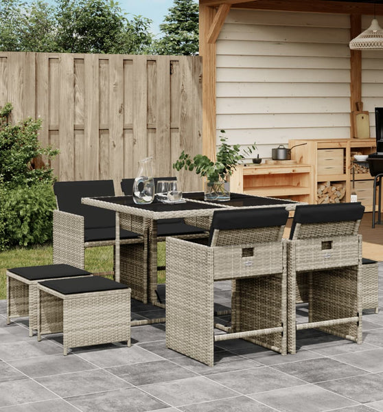 9-tlg. Garten-Essgruppe mit Kissen Hellgrau Poly Rattan