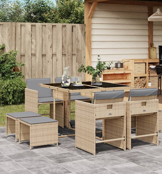 9-tlg. Garten-Essgruppe mit Kissen Beigemischung Poly Rattan