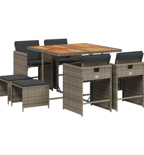 9-tlg. Garten-Essgruppe mit Kissen Grau Poly Rattan