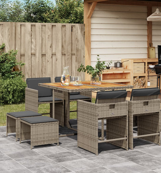 9-tlg. Garten-Essgruppe mit Kissen Grau Poly Rattan