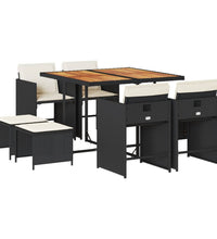 9-tlg. Garten-Essgruppe mit Kissen Schwarz Poly Rattan