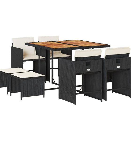 9-tlg. Garten-Essgruppe mit Kissen Schwarz Poly Rattan