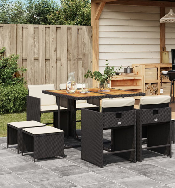 9-tlg. Garten-Essgruppe mit Kissen Schwarz Poly Rattan