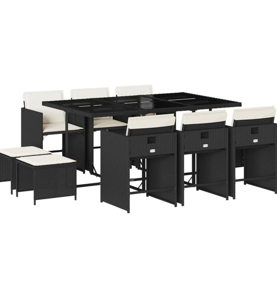 11-tlg. Garten-Essgruppe mit Kissen Schwarz Poly Rattan