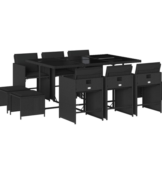 11-tlg. Garten-Essgruppe mit Kissen Schwarz Poly Rattan