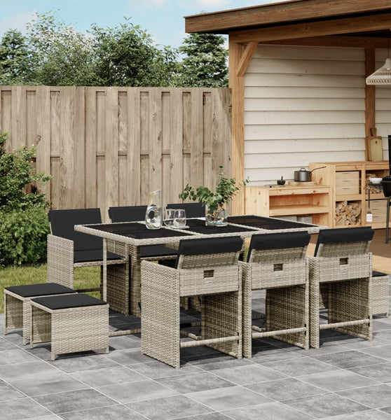11-tlg. Garten-Essgruppe mit Kissen Hellgrau Poly Rattan