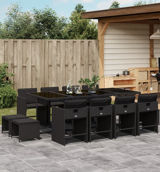 13-tlg. Garten-Essgruppe mit Kissen Schwarz Poly Rattan