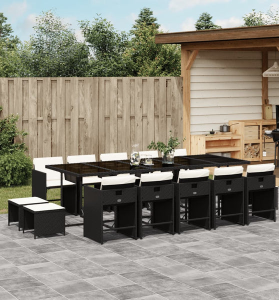 15-tlg. Garten-Essgruppe mit Kissen Schwarz Poly Rattan