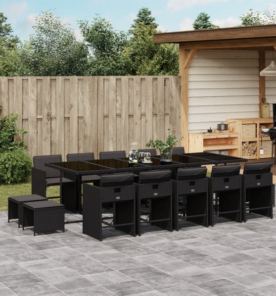 15-tlg. Garten-Essgruppe mit Kissen Schwarz Poly Rattan