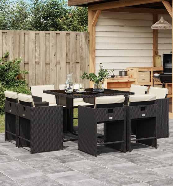 9-tlg. Garten-Essgruppe mit Kissen Schwarz Poly Rattan