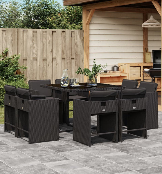 9-tlg. Garten-Essgruppe mit Kissen Schwarz Poly Rattan