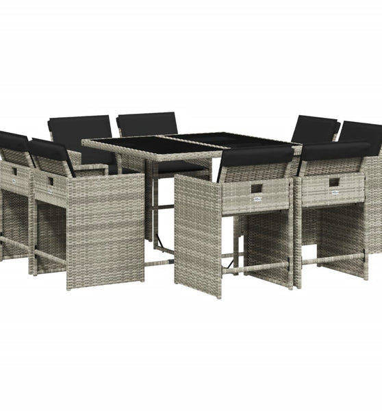 9-tlg. Garten-Essgruppe mit Kissen Hellgrau Poly Rattan