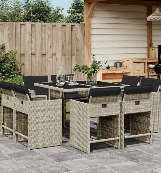 9-tlg. Garten-Essgruppe mit Kissen Hellgrau Poly Rattan