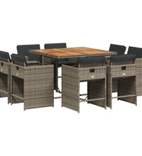 9-tlg. Garten-Essgruppe mit Kissen Grau Poly Rattan