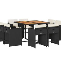 9-tlg. Garten-Essgruppe mit Kissen Schwarz Poly Rattan