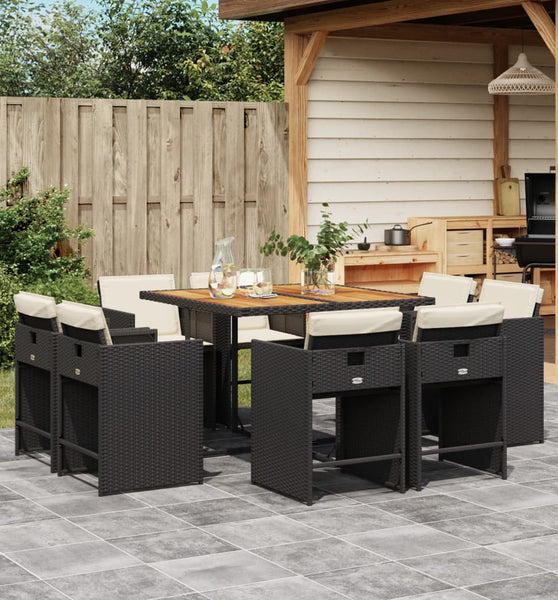 9-tlg. Garten-Essgruppe mit Kissen Schwarz Poly Rattan