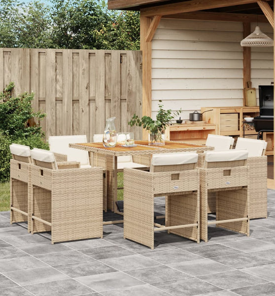 9-tlg. Garten-Essgruppe mit Kissen Beige Poly Rattan