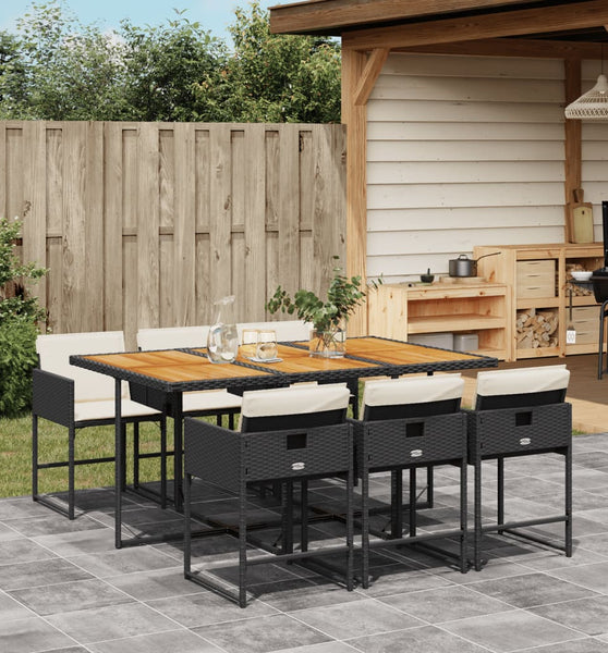 7-tlg. Garten-Essgruppe mit Kissen Schwarz Poly Rattan