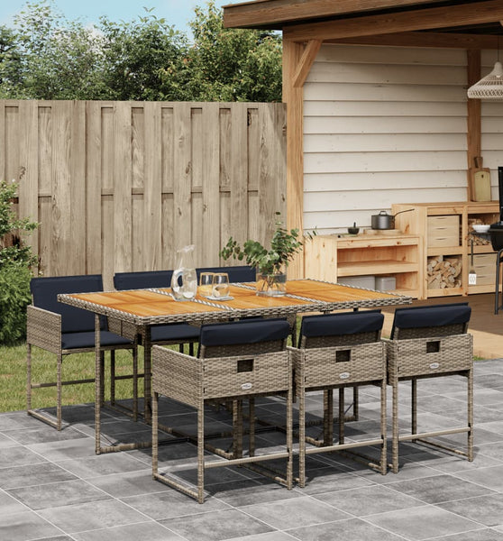 7-tlg. Garten-Essgruppe mit Kissen Grau Poly Rattan