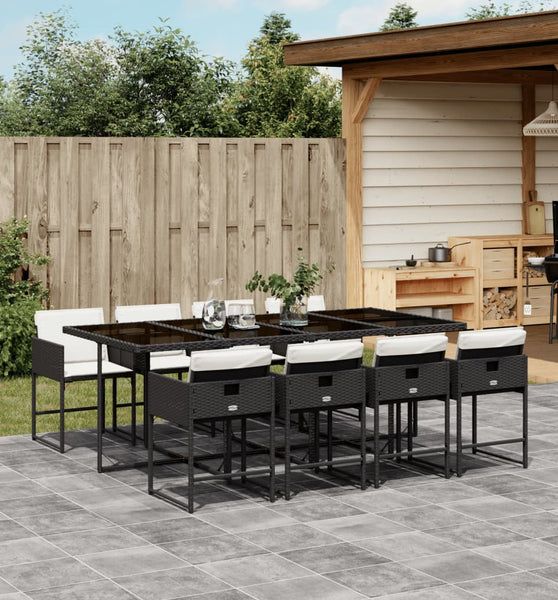 9-tlg. Garten-Essgruppe mit Kissen Schwarz Poly Rattan