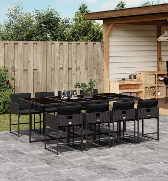 9-tlg. Garten-Essgruppe mit Kissen Schwarz Poly Rattan