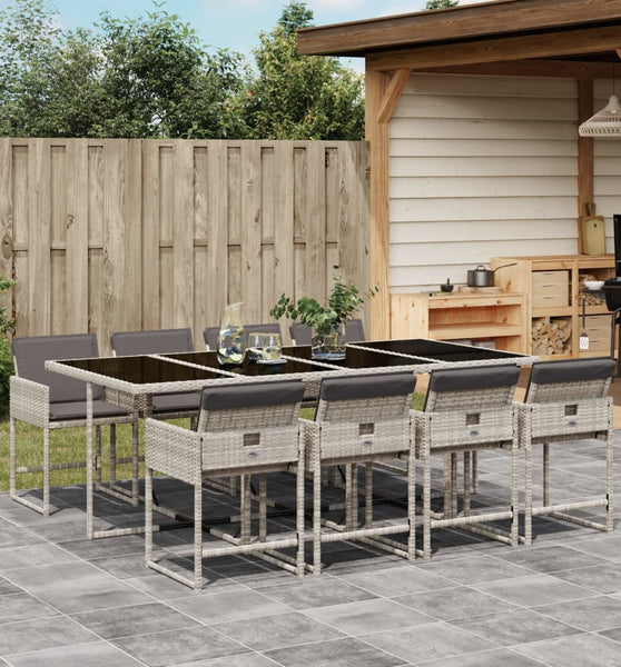 9-tlg. Garten-Essgruppe mit Kissen Hellgrau Poly Rattan
