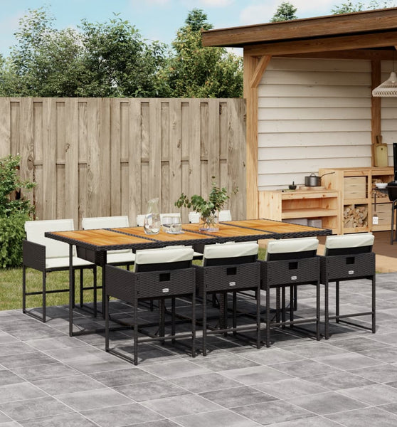 9-tlg. Garten-Essgruppe mit Kissen Schwarz Poly Rattan