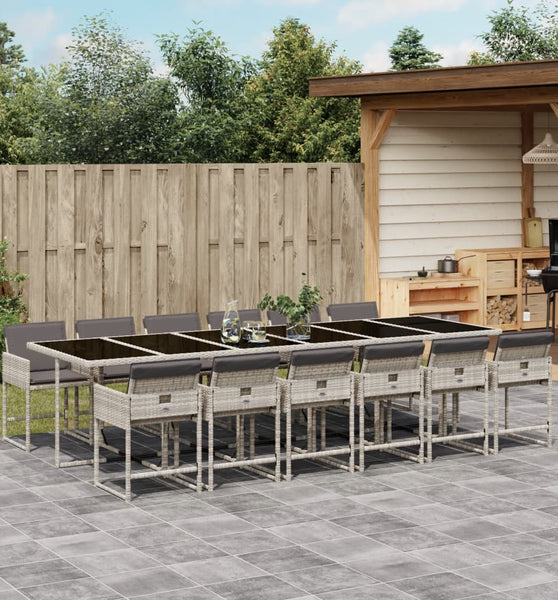 13-tlg. Garten-Essgruppe mit Kissen Hellgrau Poly Rattan