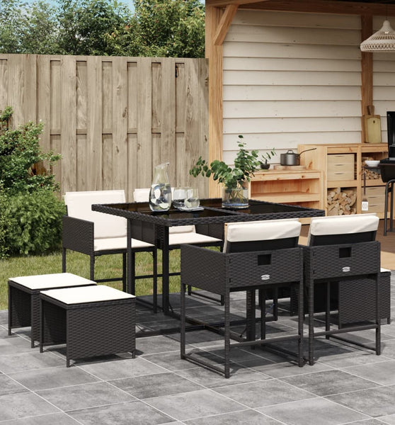9-tlg. Garten-Essgruppe mit Kissen Schwarz Poly Rattan