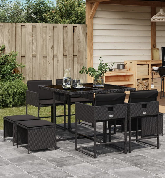 9-tlg. Garten-Essgruppe mit Kissen Schwarz Poly Rattan