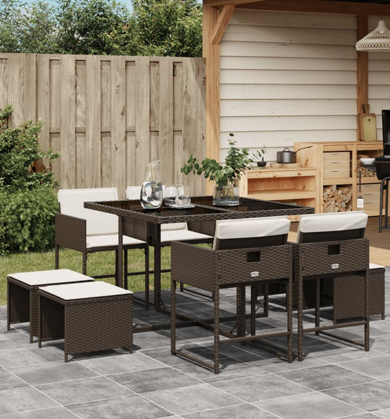 9-tlg. Garten-Essgruppe mit Kissen Braun Poly Rattan