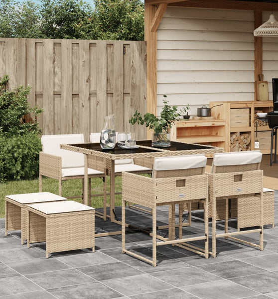 9-tlg. Garten-Essgruppe mit Kissen Beige Poly Rattan
