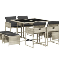 9-tlg. Garten-Essgruppe mit Kissen Hellgrau Poly Rattan