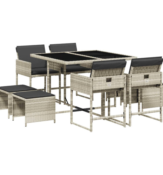 9-tlg. Garten-Essgruppe mit Kissen Hellgrau Poly Rattan