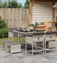 9-tlg. Garten-Essgruppe mit Kissen Hellgrau Poly Rattan
