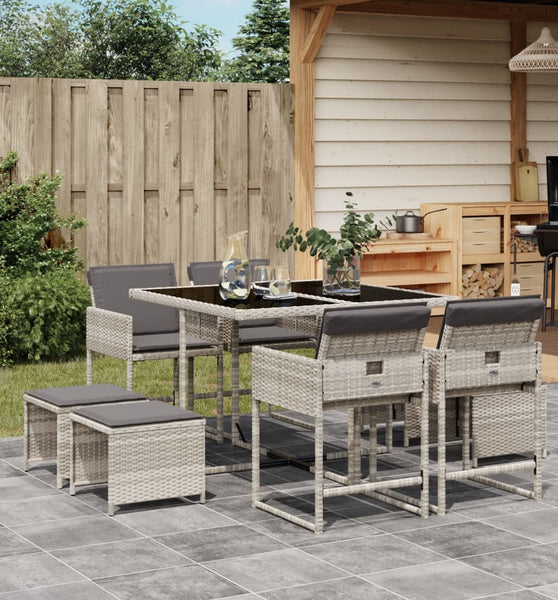 9-tlg. Garten-Essgruppe mit Kissen Hellgrau Poly Rattan