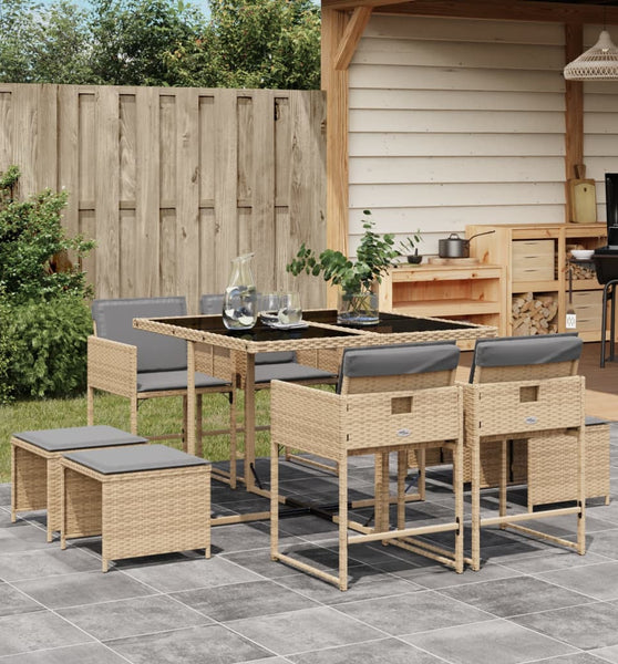 9-tlg. Garten-Essgruppe mit Kissen Beigemischung Poly Rattan
