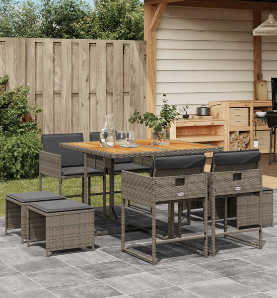 9-tlg. Garten-Essgruppe mit Kissen Grau Poly Rattan