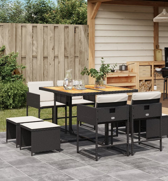 9-tlg. Garten-Essgruppe mit Kissen Schwarz Poly Rattan