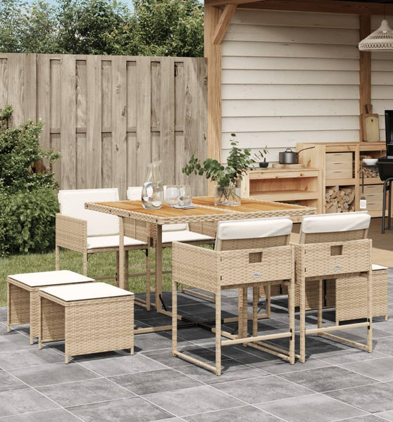 9-tlg. Garten-Essgruppe mit Kissen Beige Poly Rattan
