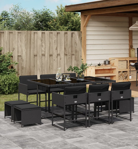 11-tlg. Garten-Essgruppe mit Kissen Schwarz Poly Rattan
