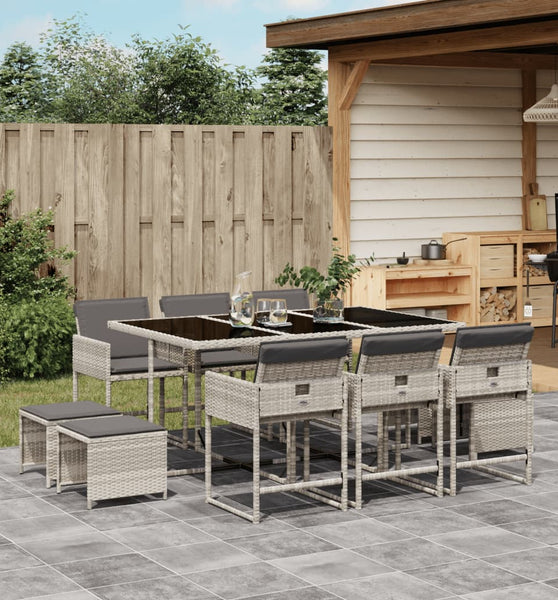 11-tlg. Garten-Essgruppe mit Kissen Hellgrau Poly Rattan