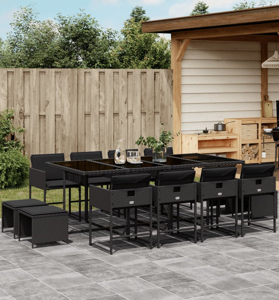 13-tlg. Garten-Essgruppe mit Kissen Schwarz Poly Rattan