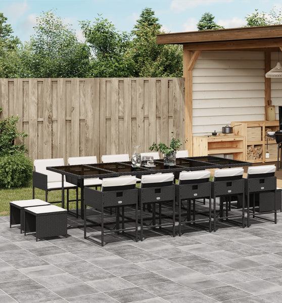 15-tlg. Garten-Essgruppe mit Kissen Schwarz Poly Rattan