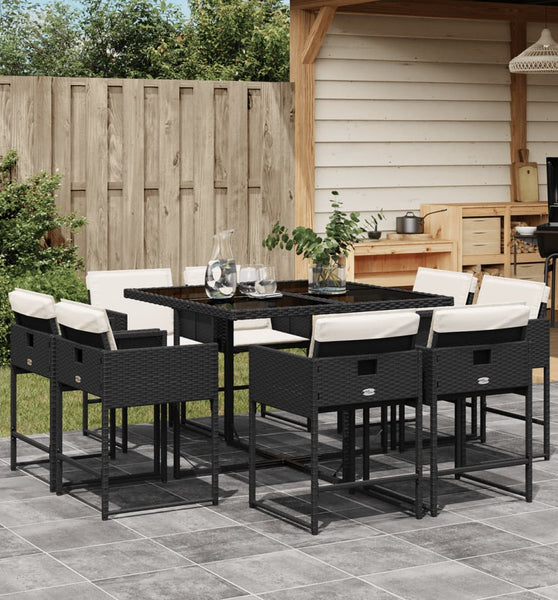 9-tlg. Garten-Essgruppe mit Kissen Schwarz Poly Rattan