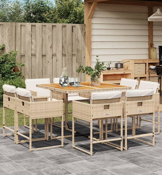 9-tlg. Garten-Essgruppe mit Kissen Beige Poly Rattan