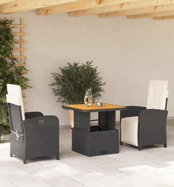3-tlg. Garten-Essgruppe mit Kissen Schwarz Poly Rattan