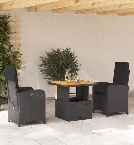3-tlg. Garten-Essgruppe mit Kissen Schwarz Poly Rattan