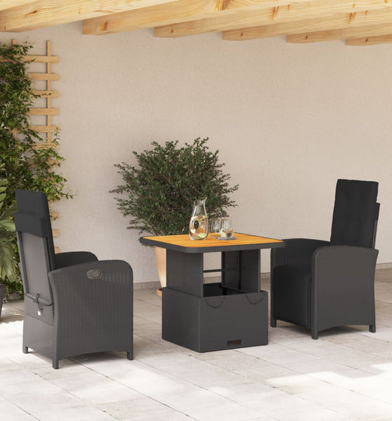 3-tlg. Garten-Essgruppe mit Kissen Schwarz Poly Rattan
